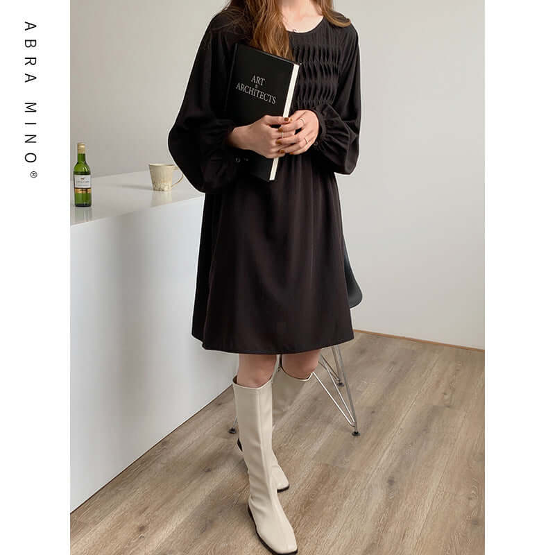 ABRA MINO Fashion Dress | New Pleated Round Neck Long-Sleeved