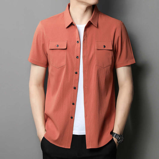 Honghuo 2022 new short-sleeved shirt men's summer Korean version solid color casual tooling shirt men's cotton loose men's clothing