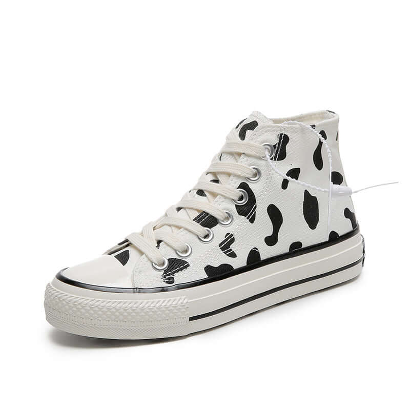 Spring new canvas shoes fashion Korean high-top lace-up female students casual trendy black and white cow pattern sneakers