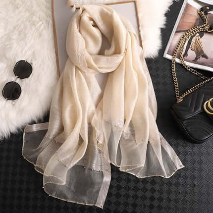 Silk towel summer Korean nails bead gold border gold silver silk long towel beach sunscreen yarn air conditioning shawl thin model scarf female