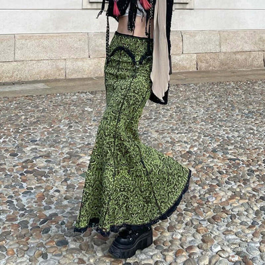 Design sense European and American retro printing reverse line lace edge irregular elastic waist slim fishtail long skirt