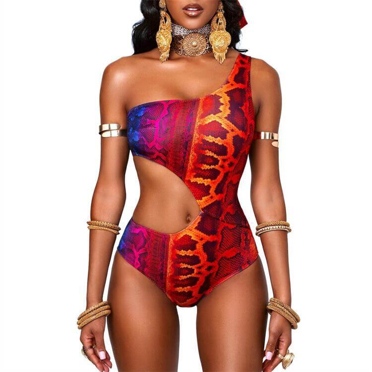 2022 new bikini women's one-piece hollow digital printing one-shoulder slim sexy European and American M2057