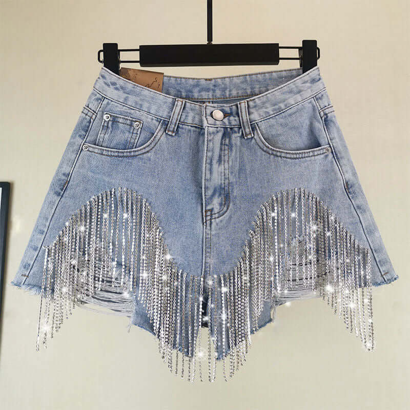 Tassel chain jeans women's 2021 summer new high waist slim sexy shorts European and American style heavy industry beading tide