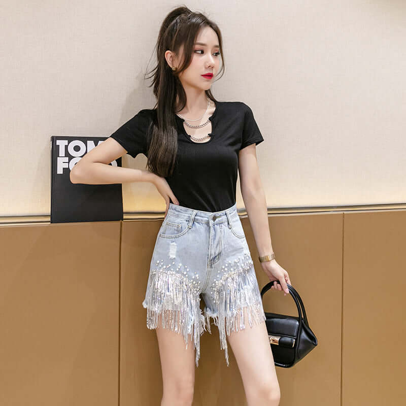 Spot 2022 summer new Hyuna same style shorts women's tide net red high waist diamond heavy industry tassel denim hot pants