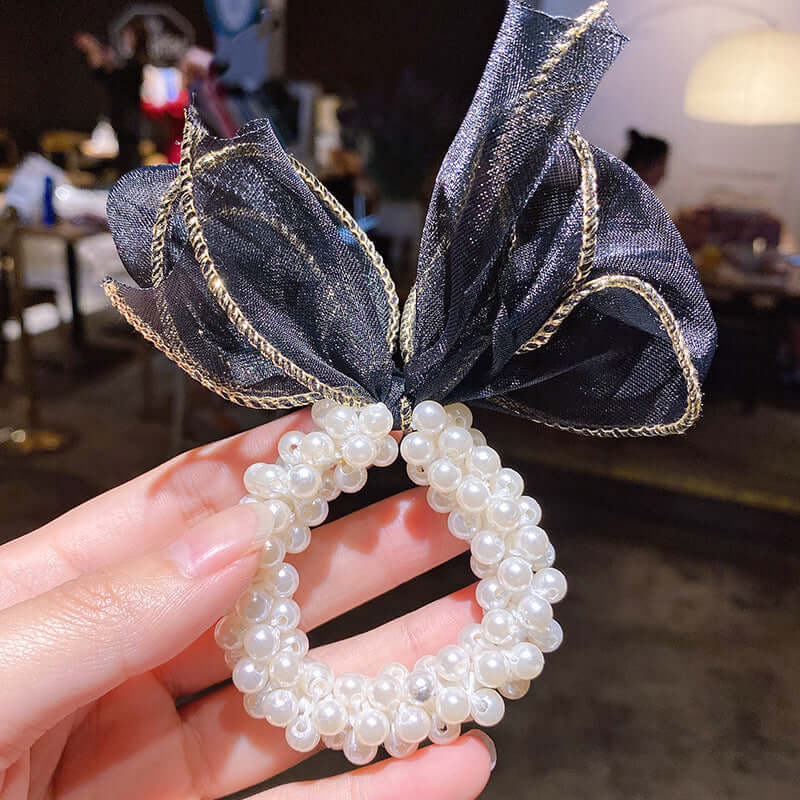 South Korea summer pearl hair ring black lace mesh drum knot rope hair children's gluten hair rope hair circle fairy