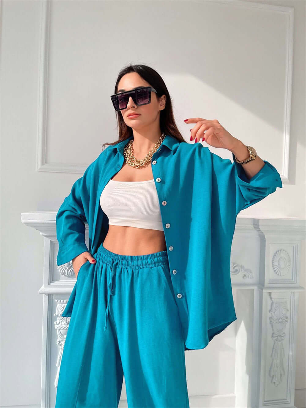 Fashion trendy colorful casual suit long-sleeved shirt harem pants 2 Pc. set