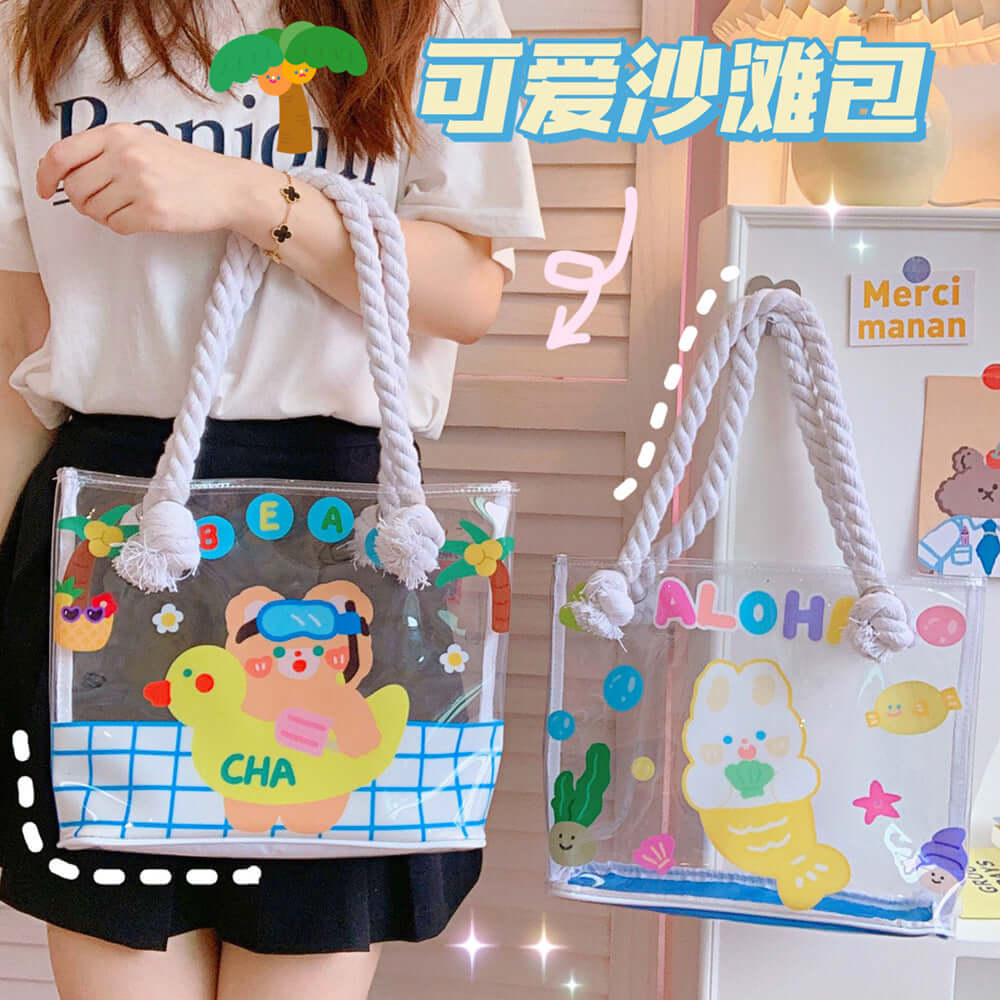 Summer girl heart transparent handbag cute bear shoulder bag large capacity cartoon travel shopping beach bag tide