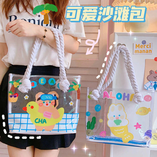 Summer girl heart transparent handbag cute bear shoulder bag large capacity cartoon travel shopping beach bag tide