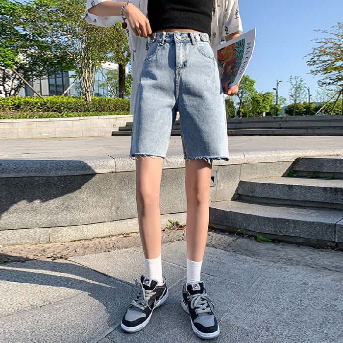 Five-point denim shorts female summer 2021 new high waist thin section loose small son wide leg pants summer pants