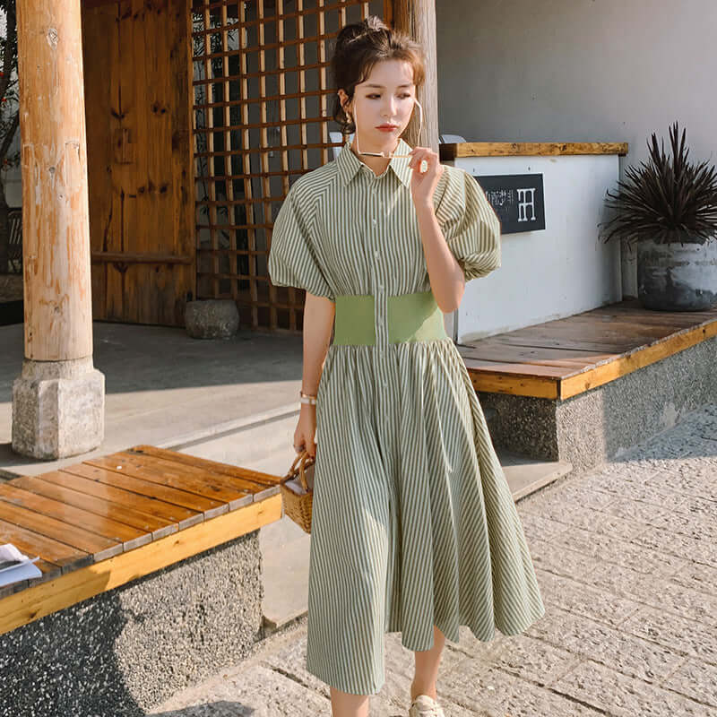 Fashion Shirt Dress - Striped-Puff Sleeve-Slimming Long Skirt