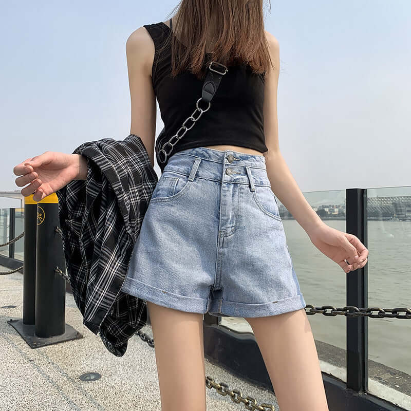 Black denim shorts female super high waist is thin 2021 summer new A word loose ultra short pants