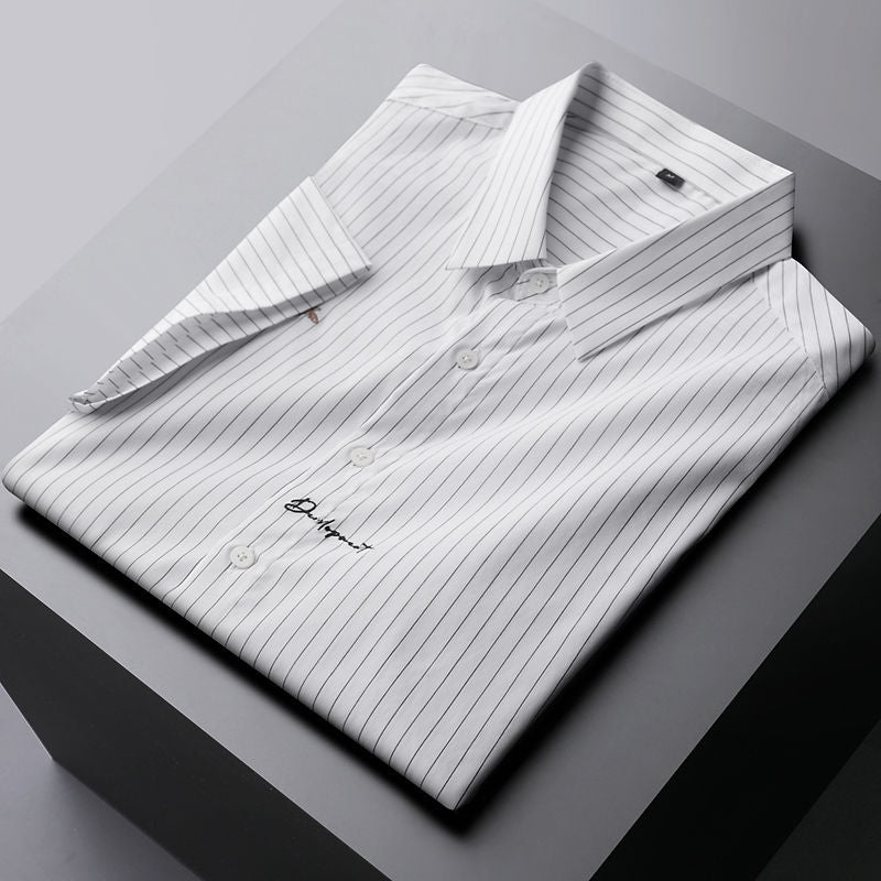 Louis silk cotton high-end striped short sleeve shirt men's summer tide embroidery shirt ice silk