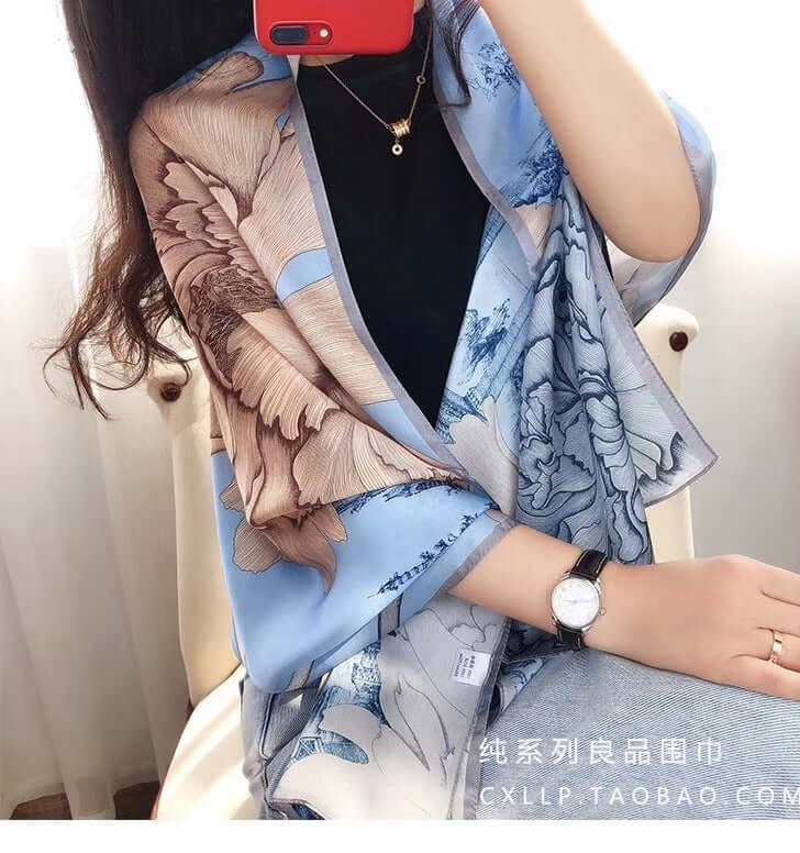 New spring and summer high-end simulation silk scarf female Korean scarves print gift custom national wind shawl beach towel