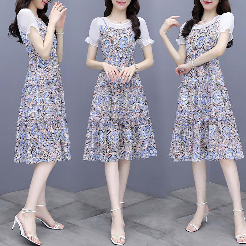 Sniring dress 2021 summer new women's fashion Korean version of the floral water female dress chiffon fake two skirts