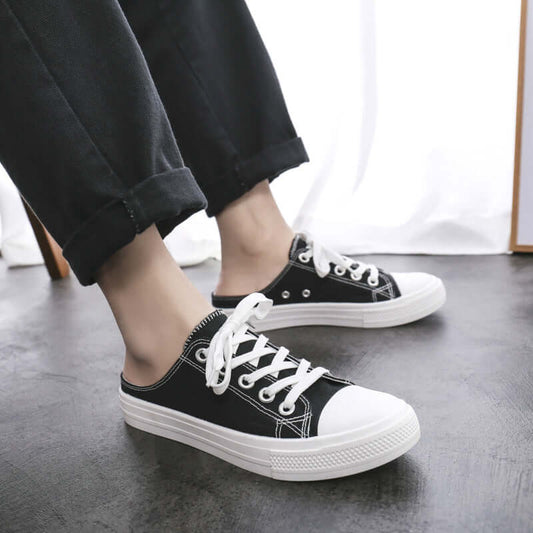 2021 summer new half-drag canvas shoes men and women Korean version of the trend couple casual shoes breathable one foot lazy shoes