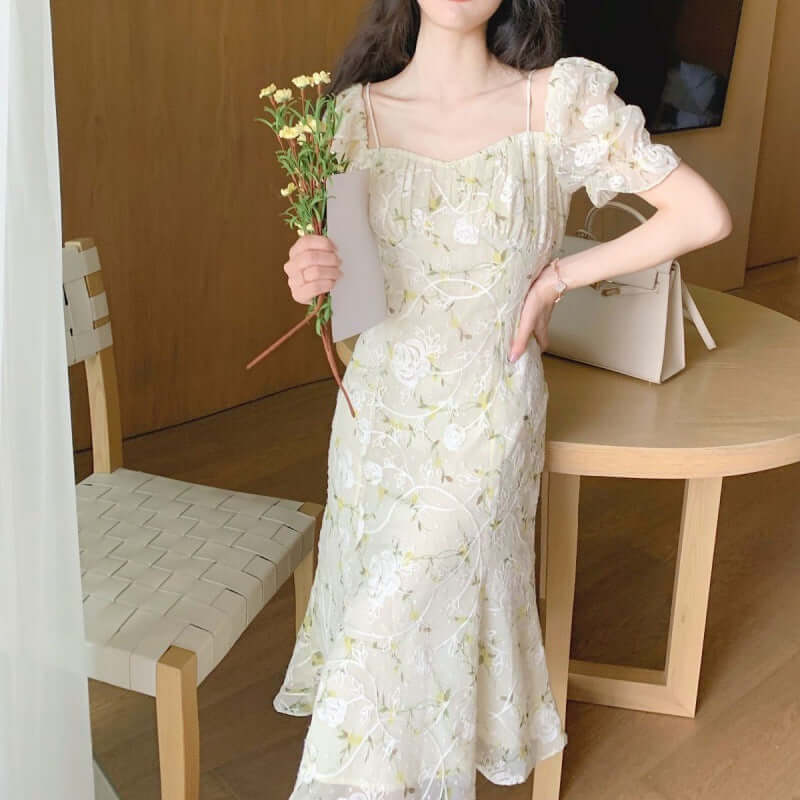 From a green wild fairy french floral embroidered dress female temperament square collar bubble sleeve sleeve skirt