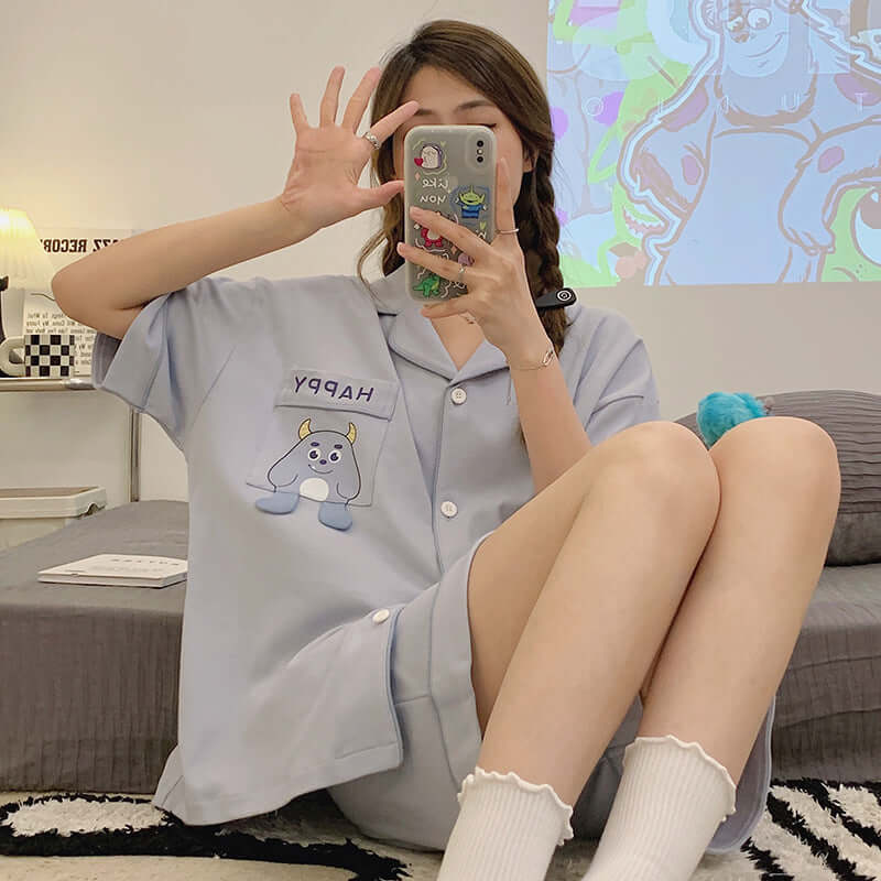 Pajamas women's summer 2023 new short-sleeved shorts thin section cartoon student cardigan home service girl suit