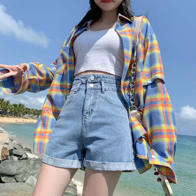 Denim shorts female 2021 summer new ultra high waist loose double buckle thin flake explosion model white hot pants female