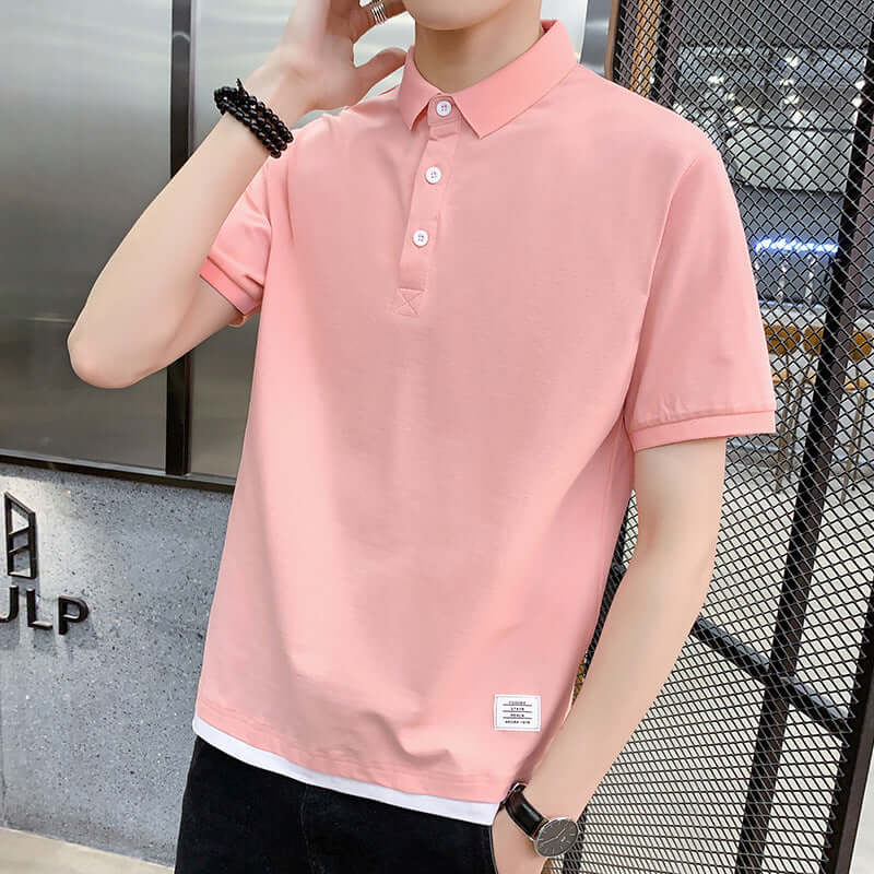 2021polo shirt short sleeve summer new solid color casual loose splicing fake two-piece tide card laperse youth clothes