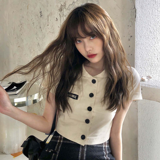 2021 summer new Korean version of the retro chic shirt design lapel slim short workfall short sleeve shirt female