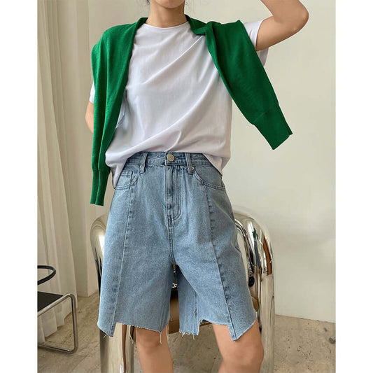 Summer new European and American trendy bloggers high waist denim pants wide legs loose thin five pants shorts women