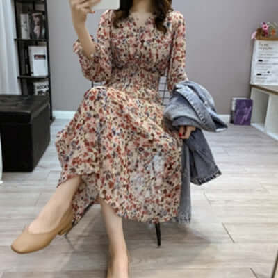 Cross chiffon dress 2021 summer new long sleeve v brings waist to thin retro temperament long skirt tide