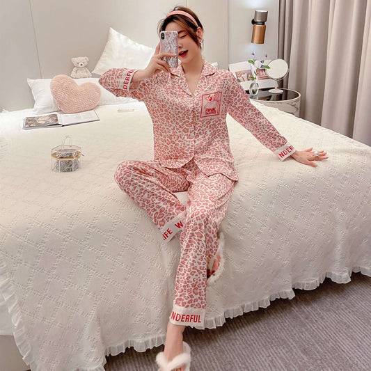 Pajamas female spring and autumn long sleeve silk satin Korean version sweet fresh and love two pieces can wear home clothes