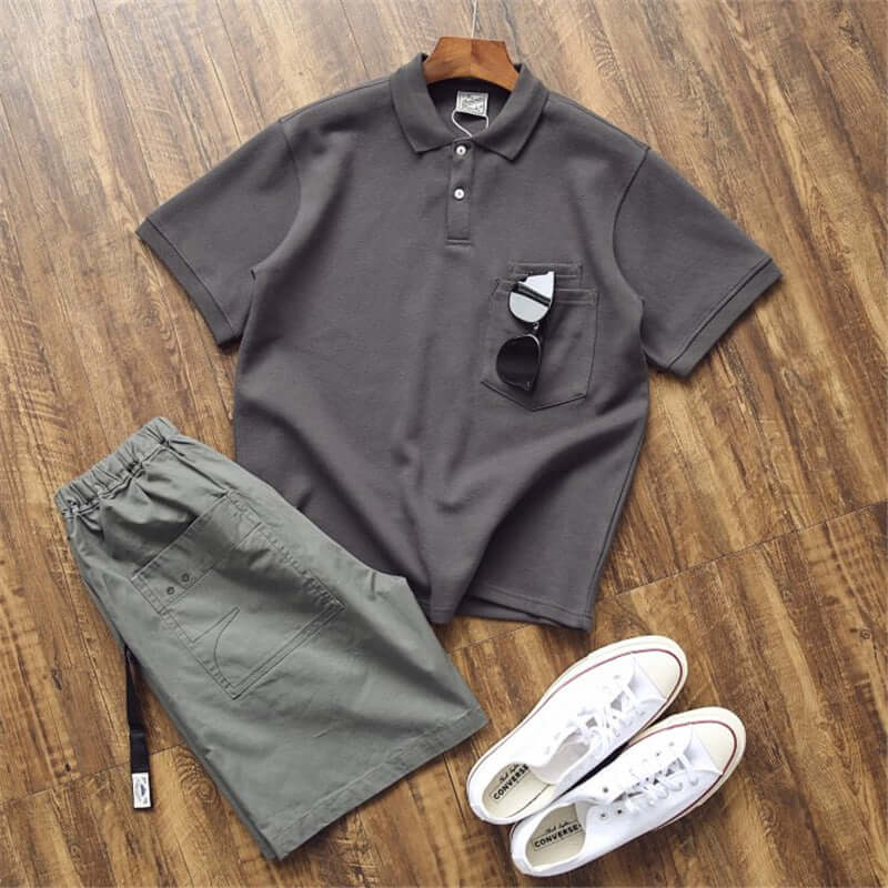 Personal laminated pocket heavy air cotton short sleeve polo shirt American retro short-sleeved T-shirt male