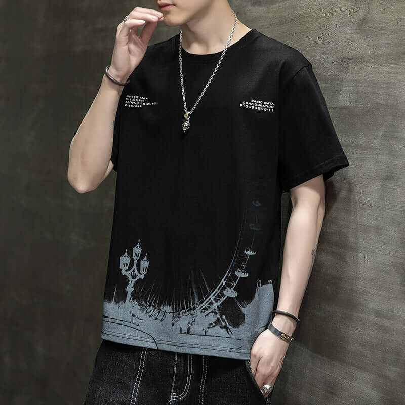 Short Sleeve Male T-Shirt 2021 Summer New Loose Tide Distance Simple Embroidery Men's Shirt Geometric Men's T-Shirt Hemles