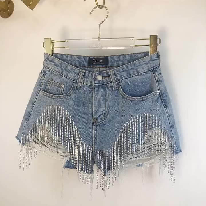 Tassel chain jeans women's 2021 summer new high waist slim sexy shorts European and American style heavy industry beading tide