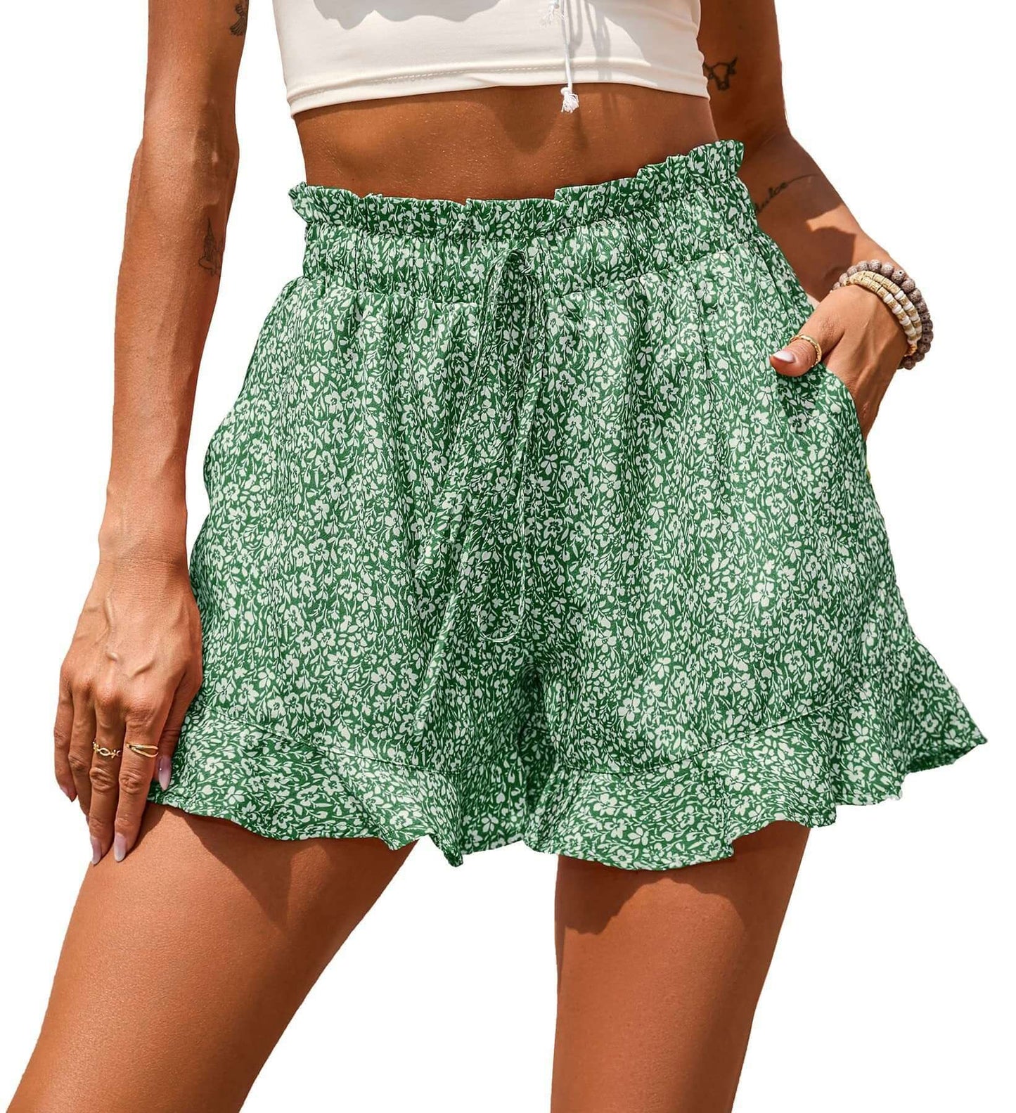 2022 European and American wish summer new foreign trade cross-border women's chiffon printed casual pocket waist shorts