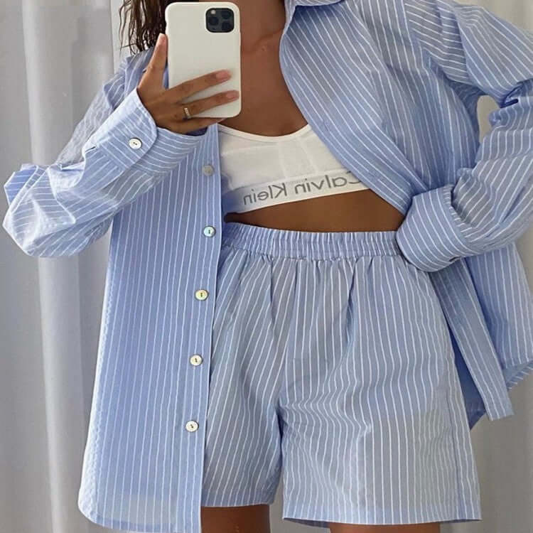 Casual Solid Color Long Sleeve Shirt Top Wide Leg Pants Two Piece Loose High Waist Shorts Set