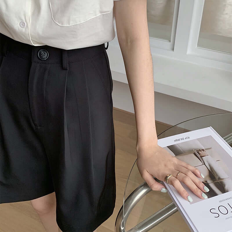 suit shorts female summer high waist loose straight pants INS black casual five pants Q5053