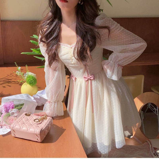 French shirt dress autumn new French super fairy forest high waist thin polka dot bow short skirt