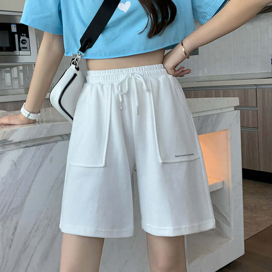 White casual sports shorts female summer thin section loose high waist BF wind wide leg five pants tide student middle pants