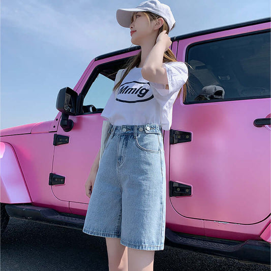 High waist cowboy shorts female summer 2021 new loose thin five pants straight black jeans wholesale