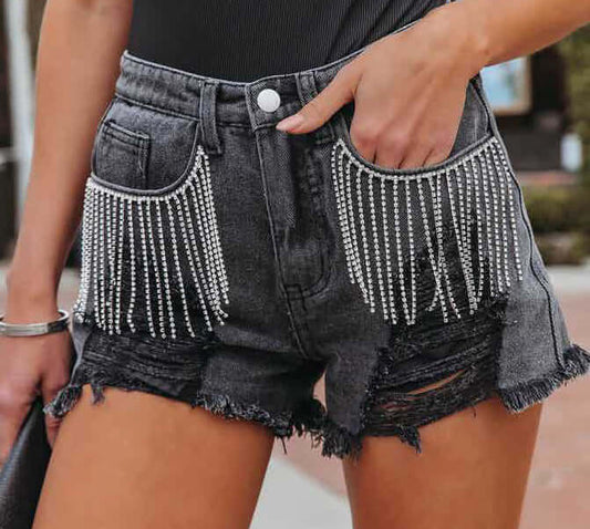 2022 women's clothing new fashion casual chain fringed hole denim shorts