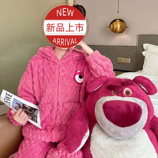 Live hot style new fabric small lug velvet winter pajamas female strawberry bear cardigan zipper with hooded home service