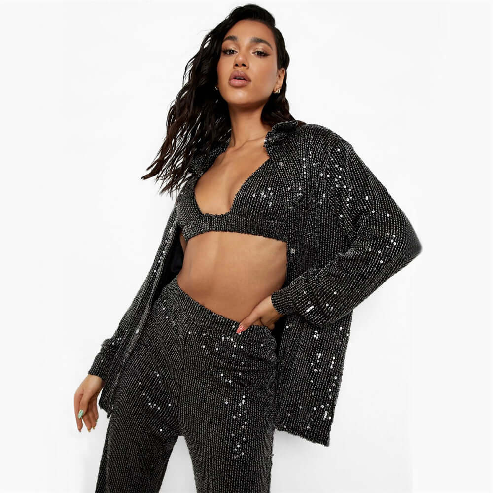 Sequins Long Sleeve Top Shirt Women V Neck Vest Straight Pants Three Piece Sexy 2022 Spring/Summer Y2K Party Suit