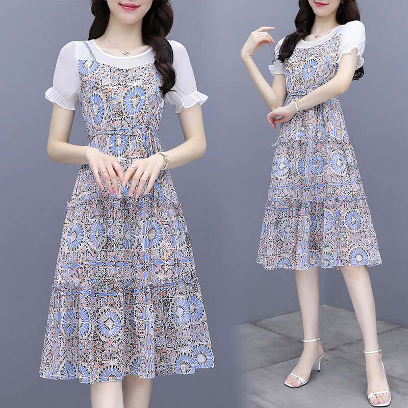 Sniring dress 2021 summer new women's fashion Korean version of the floral water female dress chiffon fake two skirts