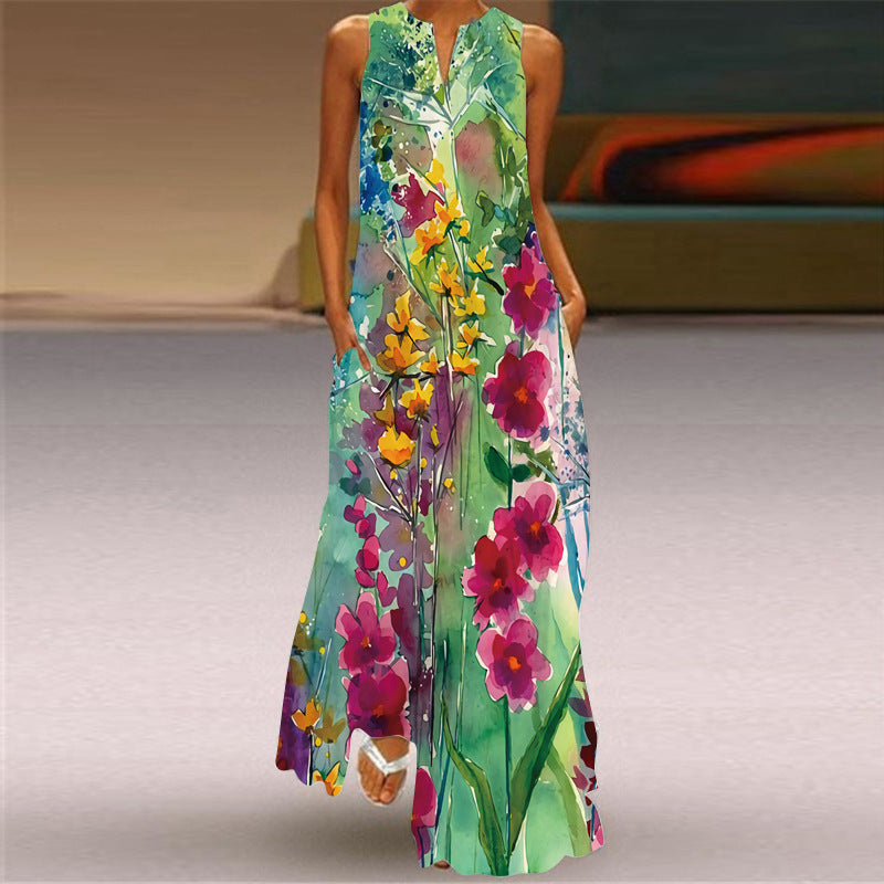 2021 new summer women's sleeveless long skirt V-colored flower dress European and American cross-border foreign trade women's clothing