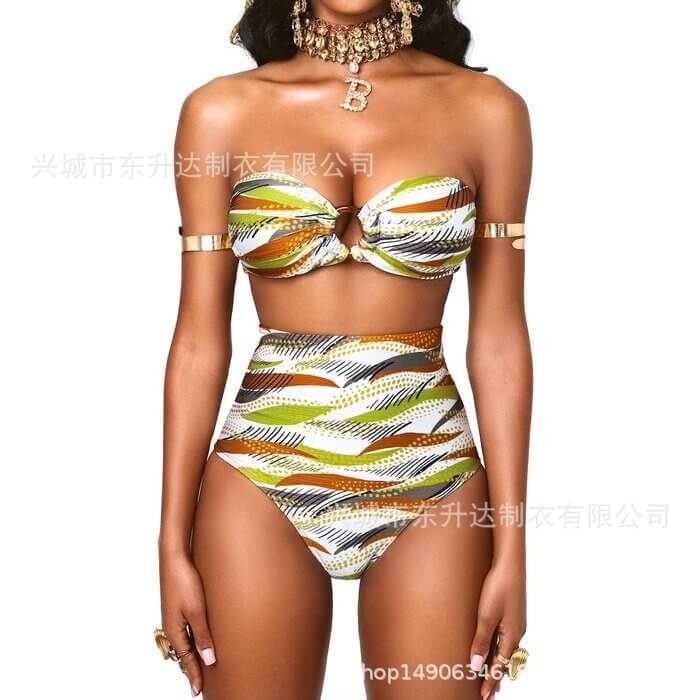 Dongshengda Clothing 2022 European and American Sexy Sexy Split High Waist Tube Top Bikini Swimsuit Female Totem National Style