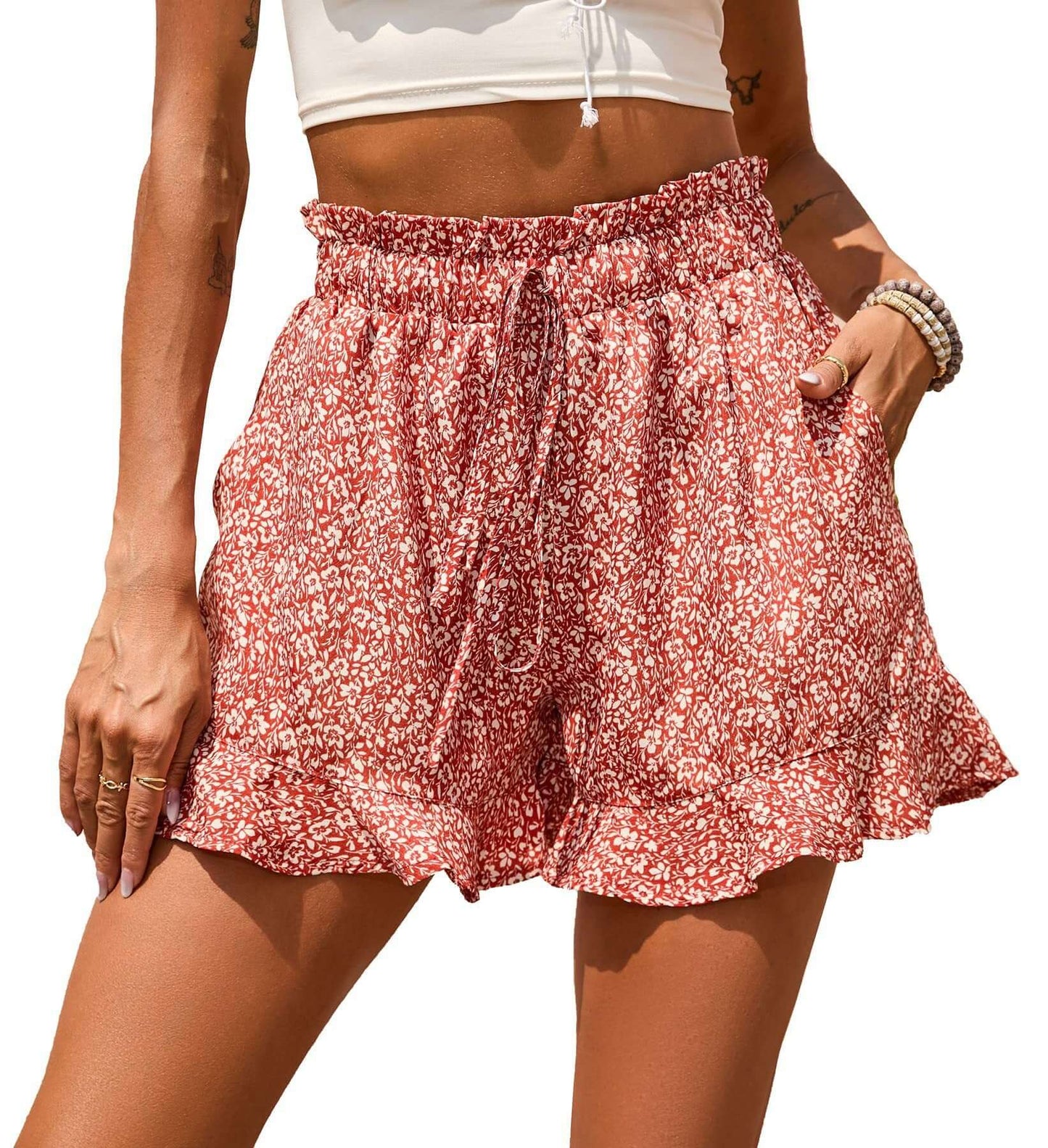 2022 European and American wish summer new foreign trade cross-border women's chiffon printed casual pocket waist shorts