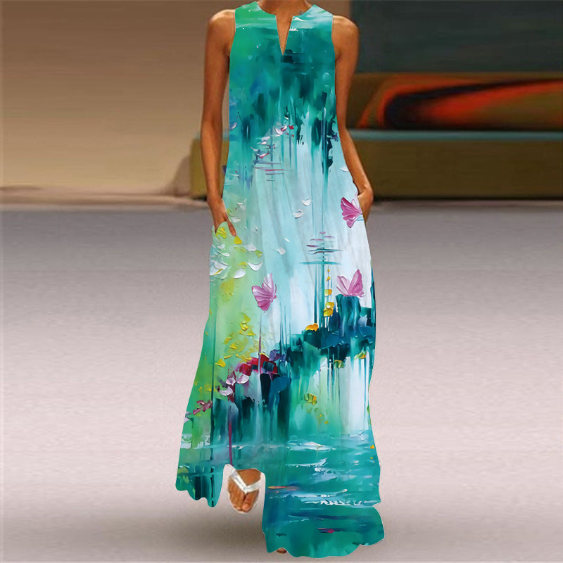 2021 new summer women's sleeveless long skirt V-colored flower dress European and American cross-border foreign trade women's clothing