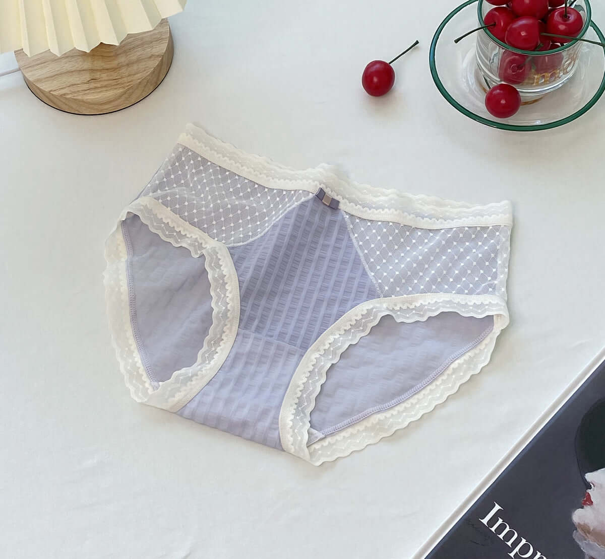 Japanese young ladies underwear mesh candy color sweet lattice lace student total cotton high bomb medium large size