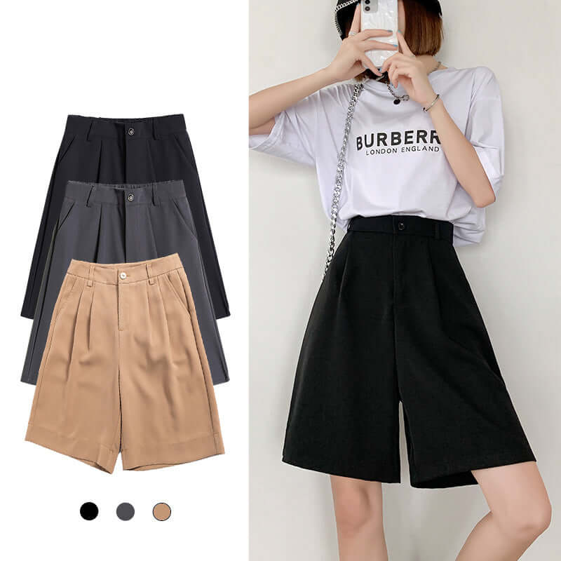 Dropping suit shorts female summer loose 2021 new high waist slim black A word wide leg five-point casual pants