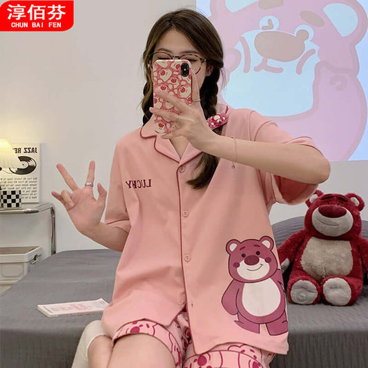 Pajamas women's summer 2023 new short-sleeved shorts thin section cartoon student cardigan home service girl suit