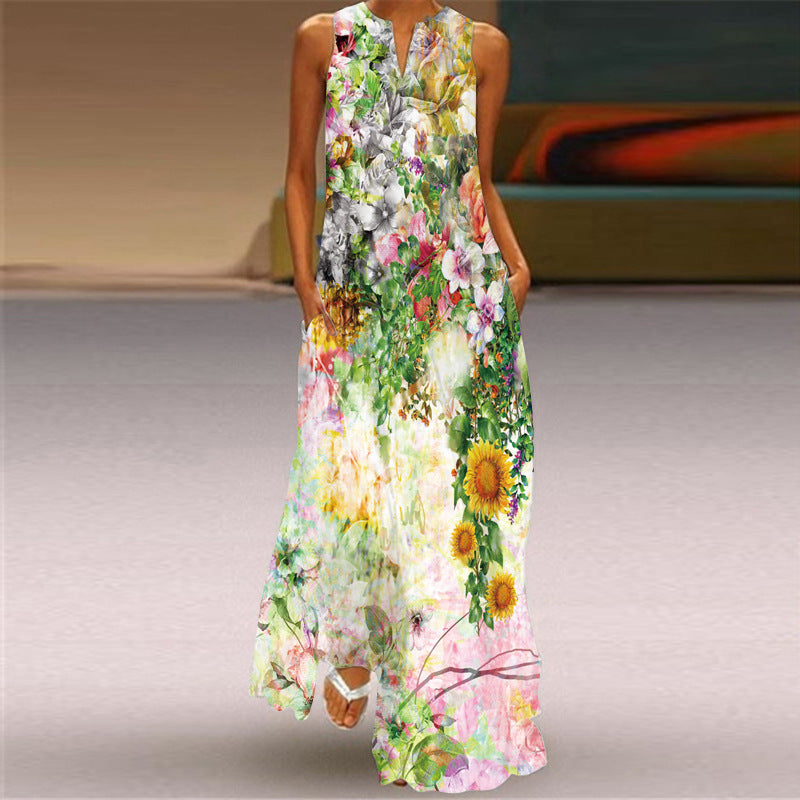 2021 new summer women's sleeveless long skirt V-colored flower dress European and American cross-border foreign trade women's clothing