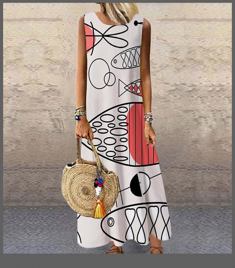 Summer New Fashion Casual Retro Printing Loose Temperament Commuter Long Elegant Robe Dress Party Sleeveless Sundress