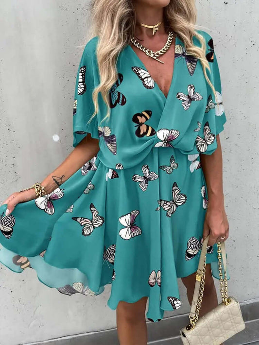 Summer Floral Print Mini Dress Women Fashion Boho Casual Short Sleeve A Line Elegant Dresses Robe